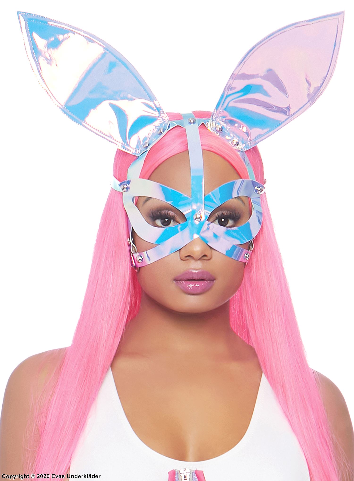 Bunny (woman), costume mask, iridescent fabric, big ears